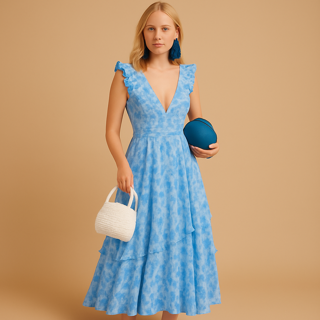 Floral maxi dress for women with ruffles, deep V-neck, and high slit, perfect for summer weddings and stylish evening events.