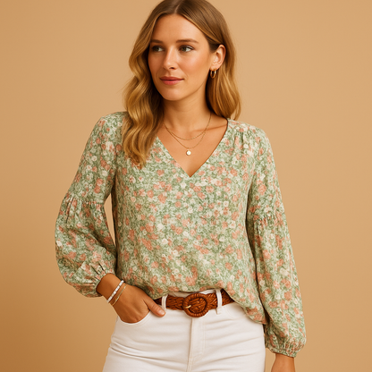 Floral summer blouse for women with long sleeves and a relaxed fit, available in pink, white, and green, perfect for sunny days or chic casual looks.