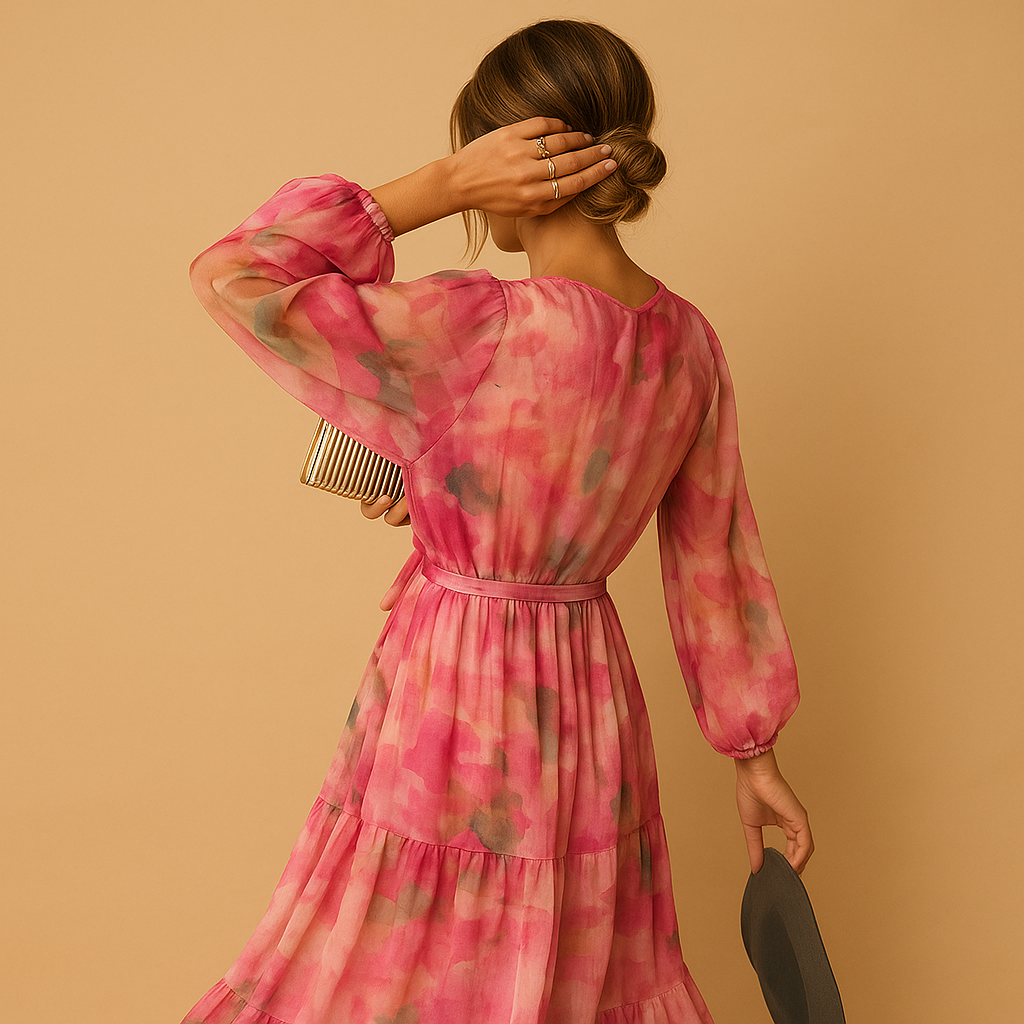 Flowy long summer dress with sleeves for women, featuring an A-line silhouette and lightweight fabric, ideal for casual and semi-formal summer occasions.