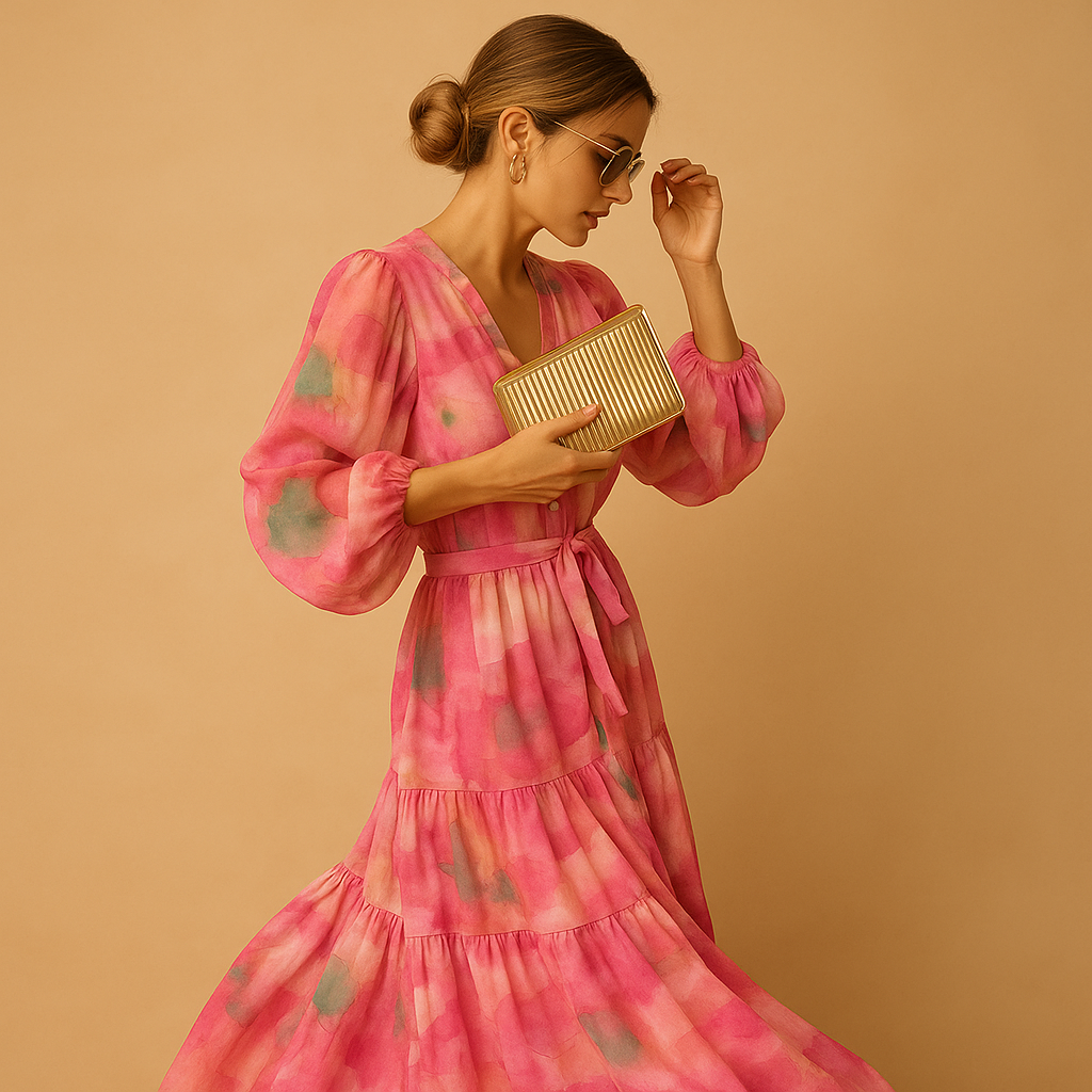 Flowy long summer dress with sleeves for women, featuring an A-line silhouette and lightweight fabric, ideal for casual and semi-formal summer occasions.