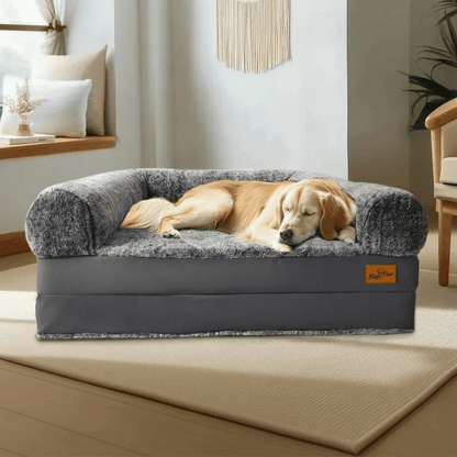 Foldable calming pet bed with plush bolsters, ideal for bonding with pets. Lightweight, spacious, and easy to maintain.