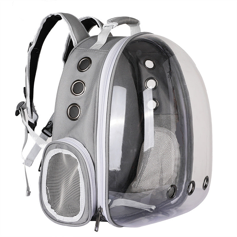 Foldable pet backpack with ventilation, transparent front, mesh panels, adjustable straps, and storage pockets for travel.