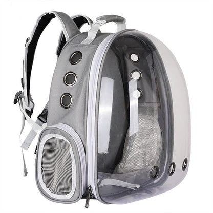 Foldable pet backpack with ventilation, transparent front, mesh panels, adjustable straps, and storage pockets for travel.