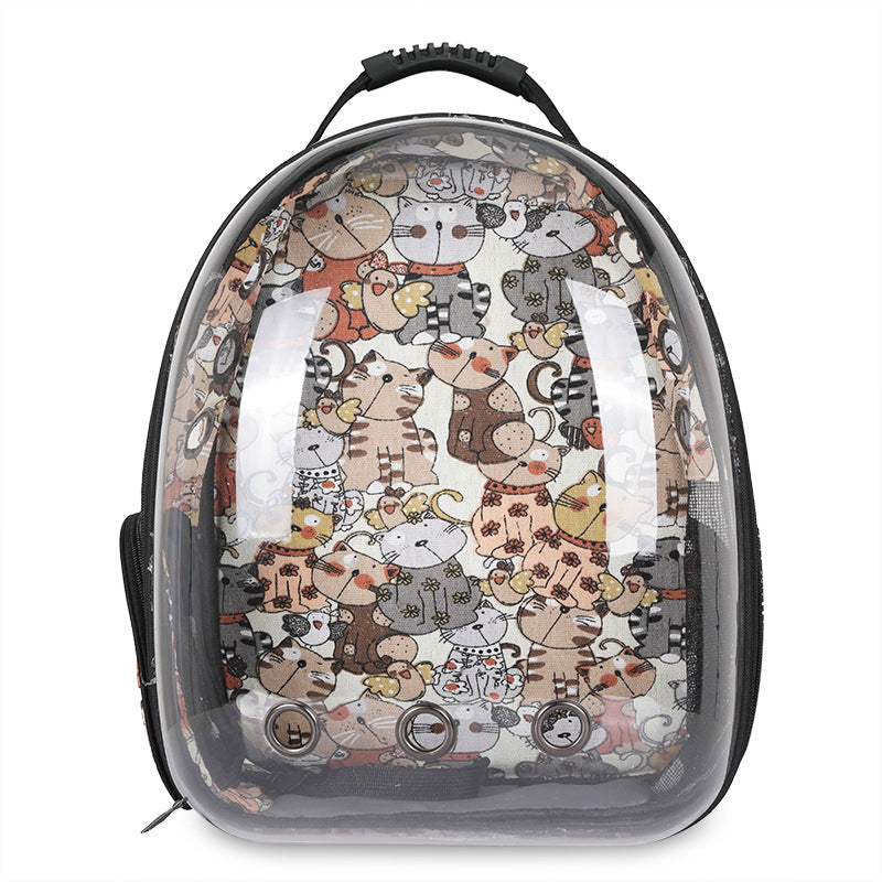 Foldable pet backpack with ventilation, transparent front, mesh panels, adjustable straps, and storage pockets for travel.
