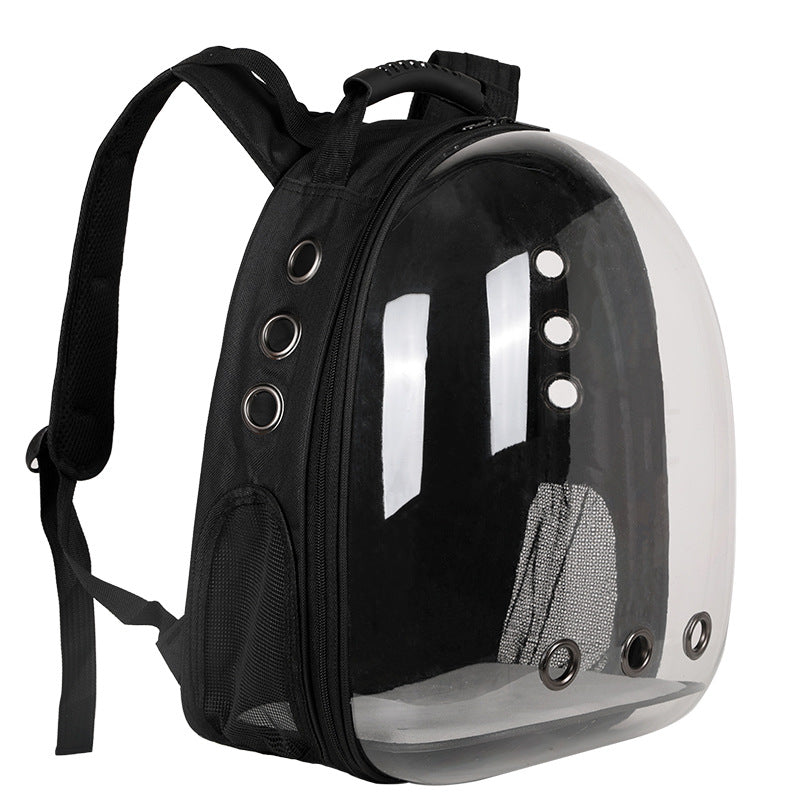 Foldable pet backpack with ventilation, transparent front, mesh panels, adjustable straps, and storage pockets for travel.