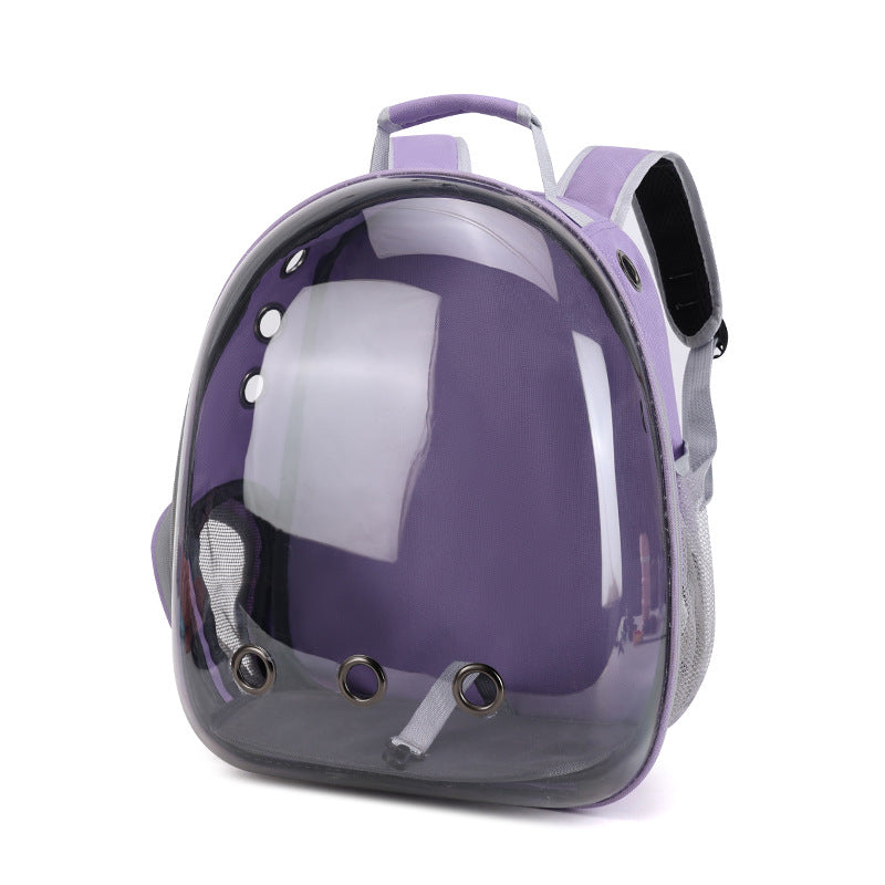 Foldable pet backpack with ventilation, transparent front, mesh panels, adjustable straps, and storage pockets for travel.