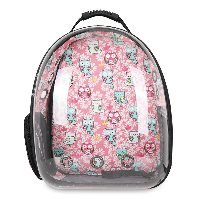 Foldable pet backpack with ventilation, transparent front, mesh panels, adjustable straps, and storage pockets for travel.