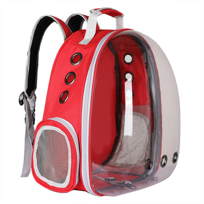 Foldable pet backpack with ventilation, transparent front, mesh panels, adjustable straps, and storage pockets for travel.