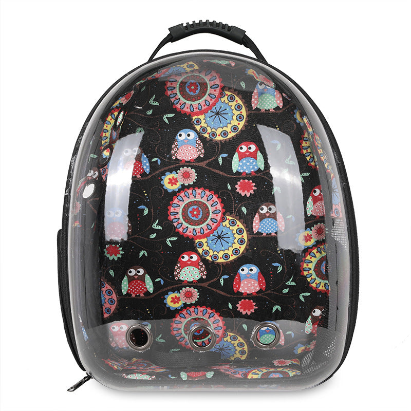 Foldable pet backpack with ventilation, transparent front, mesh panels, adjustable straps, and storage pockets for travel.