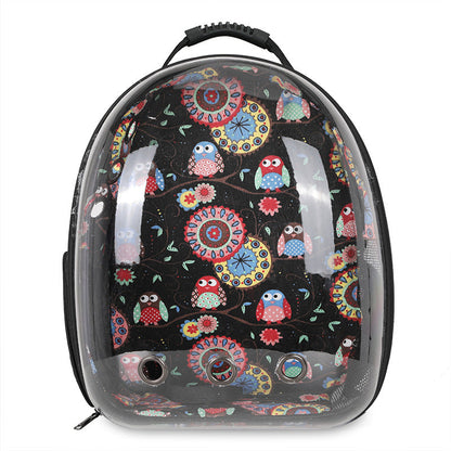 Foldable pet backpack with ventilation, transparent front, mesh panels, adjustable straps, and storage pockets for travel.