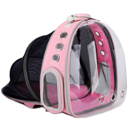 Foldable pet backpack with ventilation, transparent front, mesh panels, adjustable straps, and storage pockets for travel.