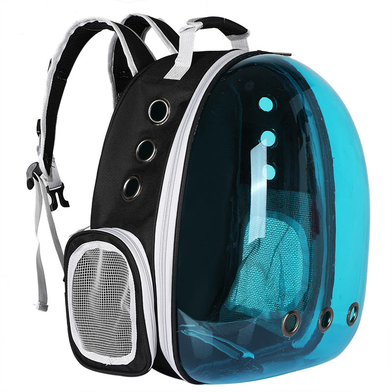 Foldable pet backpack with ventilation, transparent front, mesh panels, adjustable straps, and storage pockets for travel.