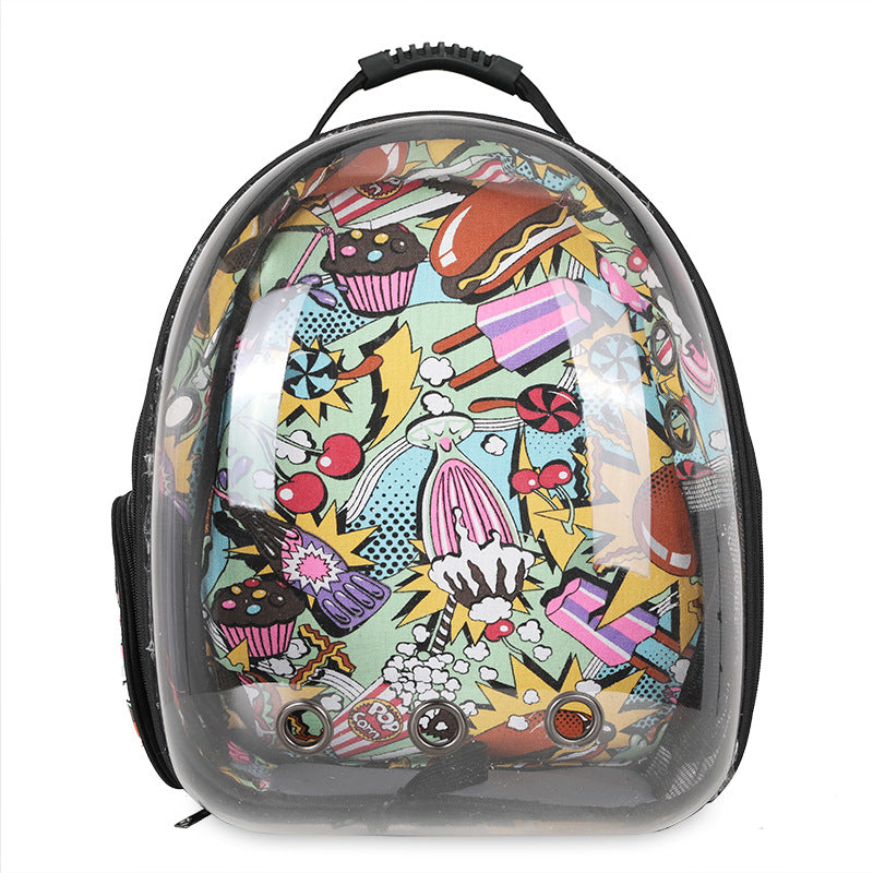 Foldable pet backpack with ventilation, transparent front, mesh panels, adjustable straps, and storage pockets for travel.