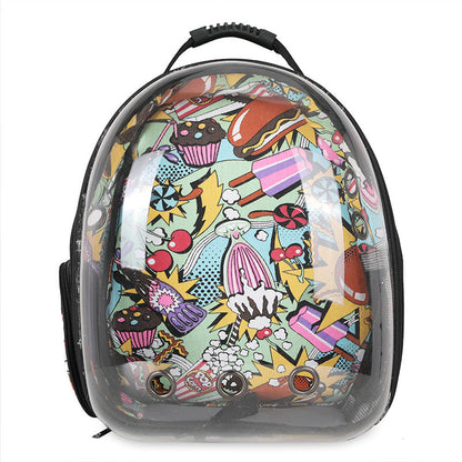Foldable pet backpack with ventilation, transparent front, mesh panels, adjustable straps, and storage pockets for travel.