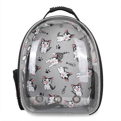 Foldable pet backpack with ventilation, transparent front, mesh panels, adjustable straps, and storage pockets for travel.