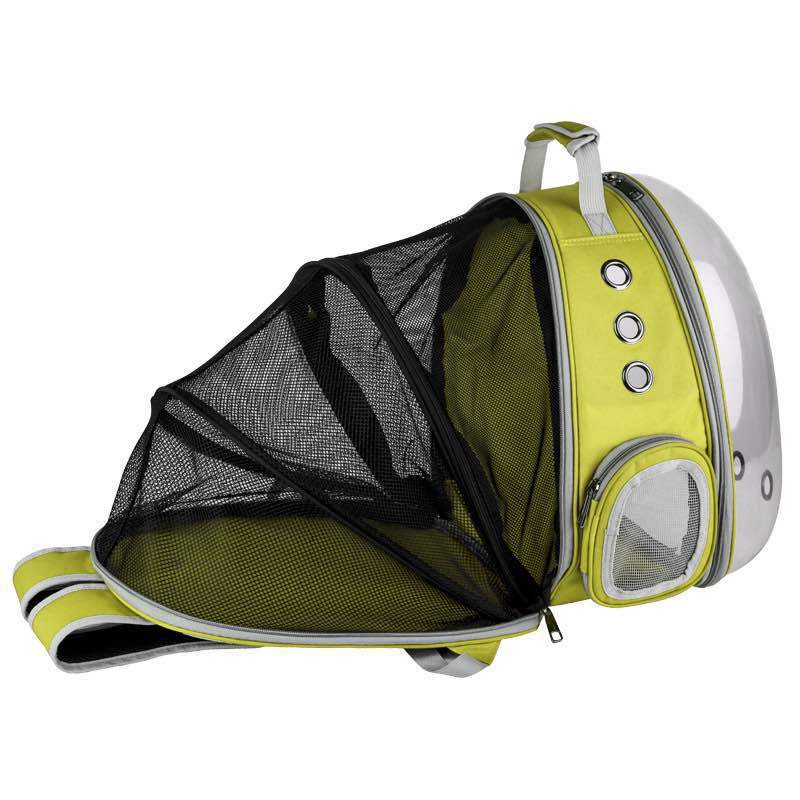 Foldable pet backpack with ventilation, transparent front, mesh panels, adjustable straps, and storage pockets for travel.