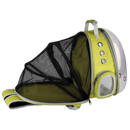 Foldable pet backpack with ventilation, transparent front, mesh panels, adjustable straps, and storage pockets for travel.