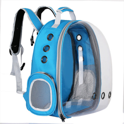 Foldable pet backpack with ventilation, transparent front, mesh panels, adjustable straps, and storage pockets for travel.