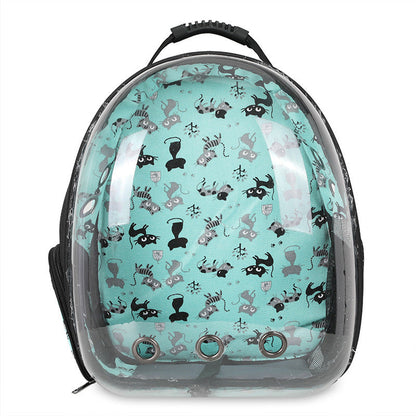 Foldable pet backpack with ventilation, transparent front, mesh panels, adjustable straps, and storage pockets for travel.