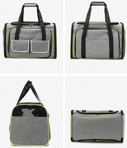 Foldable pet carrier bag with mesh inserts, soft materials, and secure zippers; ideal for comfortable and safe pet travel.