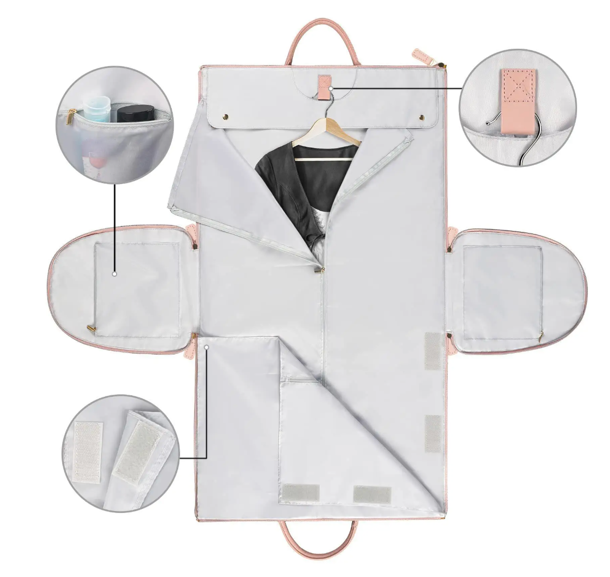 "Foldable smart carry-on bag with sleek design, multi-compartment storage, vegan leather, and garment cover for travel."