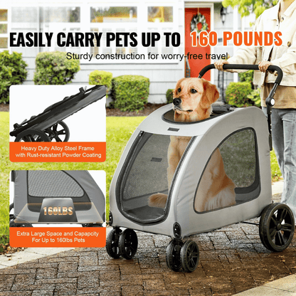 Front view of large dog stroller with mesh sides, spacious interior, and sturdy frame for pets up to 72kg.