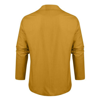 "Front view of men's casual linen blazer, lightweight and breathable, showing relaxed fit, button closure, and lapel collar."