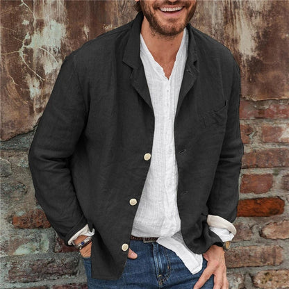 "Front view of men's casual linen blazer, lightweight and breathable, showing relaxed fit, button closure, and lapel collar."