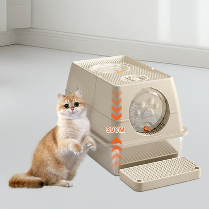 "Fully enclosed cat litter box with stainless steel tray, modern design, sleek enclosure, neutral colors, pet supplies."