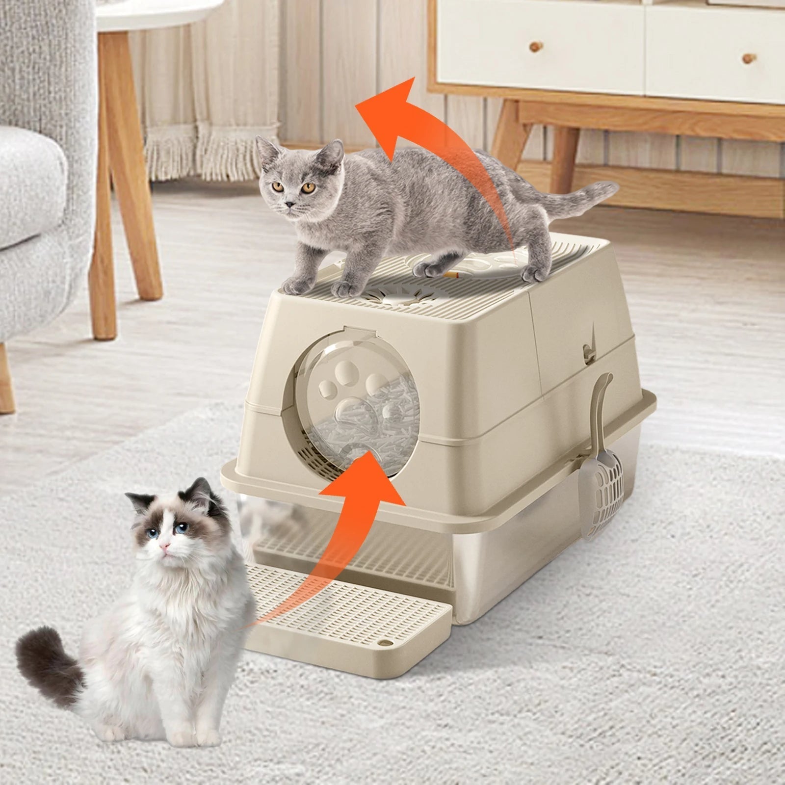 "Fully enclosed cat litter box with stainless steel tray, modern design, sleek enclosure, neutral colors, pet supplies."