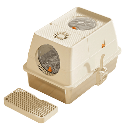 "Fully enclosed cat litter box with stainless steel tray, modern design, sleek enclosure, neutral colors, pet supplies."