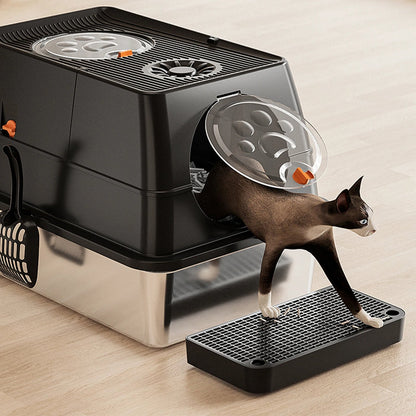 "Fully enclosed cat litter box with stainless steel tray, modern design, sleek enclosure, neutral colors, pet supplies."