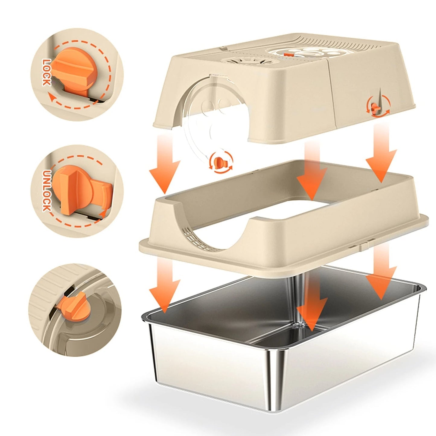 "Fully enclosed cat litter box with stainless steel tray, modern design, sleek enclosure, neutral colors, pet supplies."