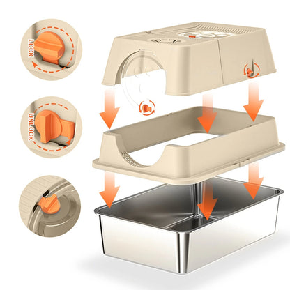 "Fully enclosed cat litter box with stainless steel tray, modern design, sleek enclosure, neutral colors, pet supplies."