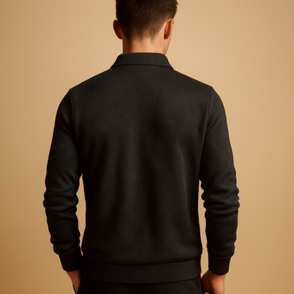 Men’s polo sweater with quarter zip and geometric print, soft fabric, and comfortable fit. Perfect for casual wear, work, or autumn and winter outfits.