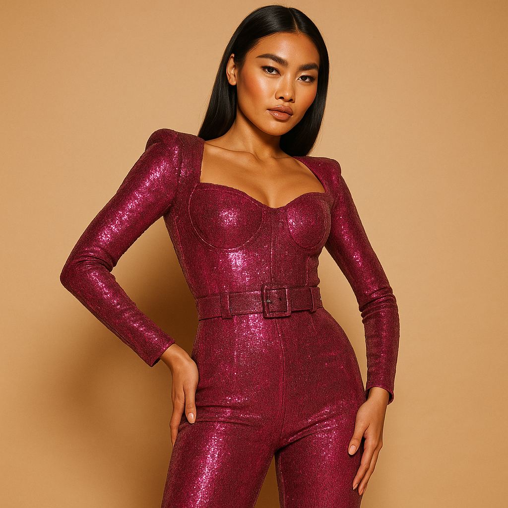 Glossy jumpsuit for women with deep neckline, slim-fit silhouette, and long sleeves in blue and pink shades, perfect for galas and special occasions.