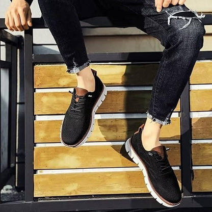"Gray knit men's shoes, ultra-comfortable, lightweight, durable, adaptable style for business and casual wear."