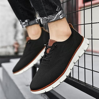 "Gray knit men's shoes, ultra-comfortable, lightweight, durable, adaptable style for business and casual wear."