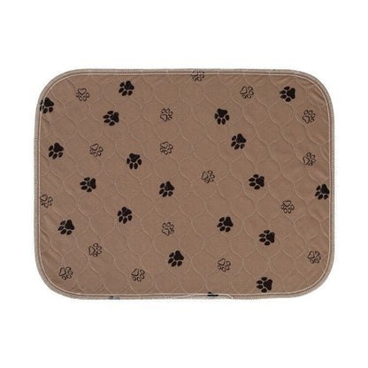 "Gray waterproof dog pee pad, washable and reusable, with bone and paw print. Available in multiple sizes for pet use."