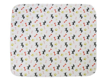 "Gray waterproof dog pee pad, washable and reusable, with bone and paw print. Available in multiple sizes for pet use."