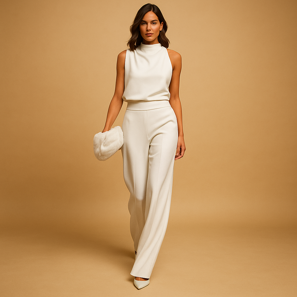 Women’s halter-neck jumpsuit with high waist, wide-leg silhouette, bow detail, and pockets, perfect for parties or evenings out.