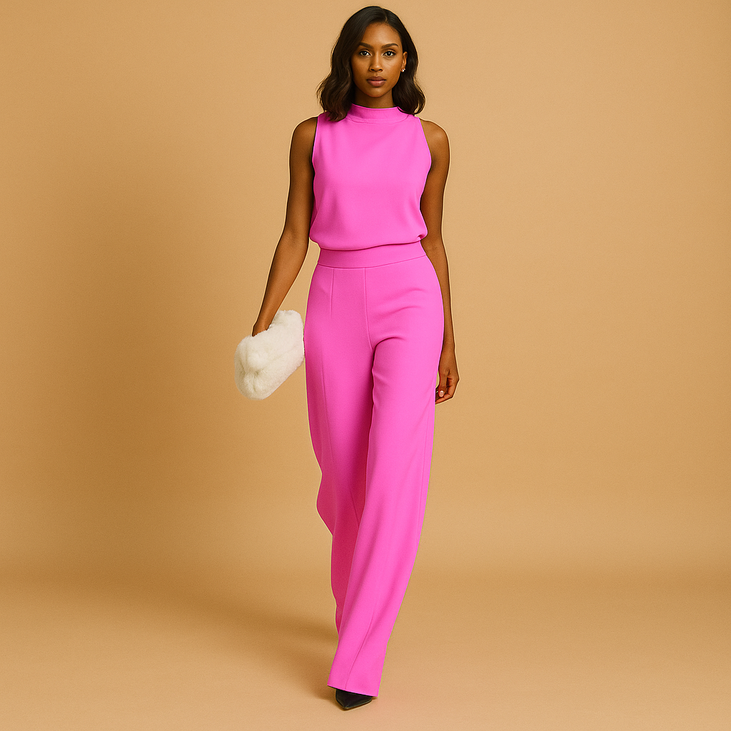 Women’s halter-neck jumpsuit with high waist, wide-leg silhouette, bow detail, and pockets, perfect for parties or evenings out.