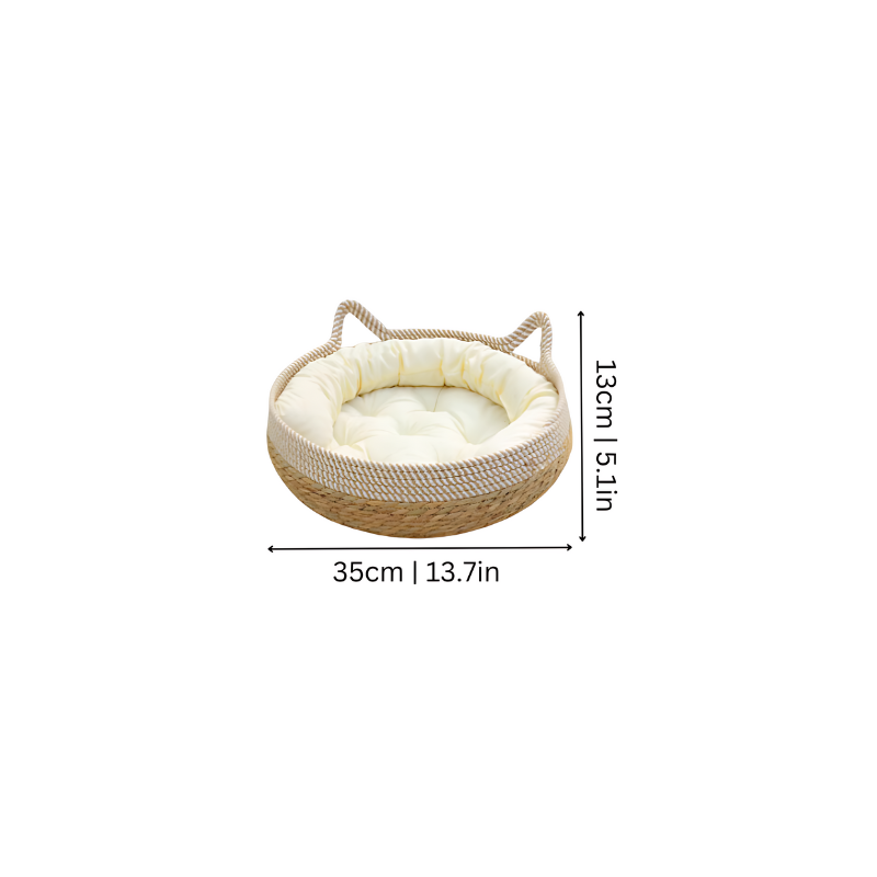 "Handcrafted sisal and cotton cat bed, white and blue tones, cozy cushion, nest design for comfort and scratching."