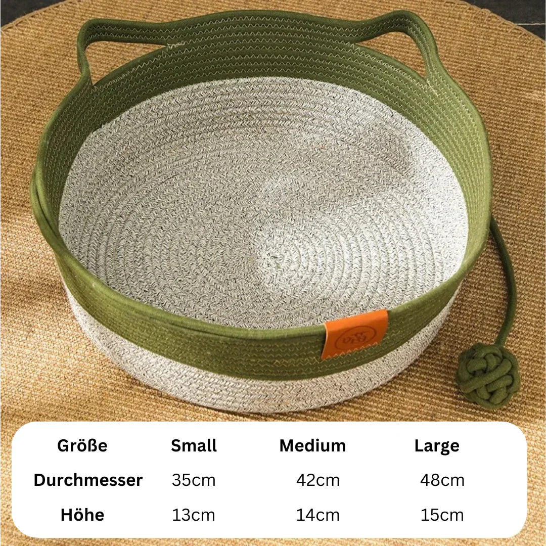 "Handwoven cotton rope cat bed with high sides in neutral tones, offering ultimate comfort and security for cats."
