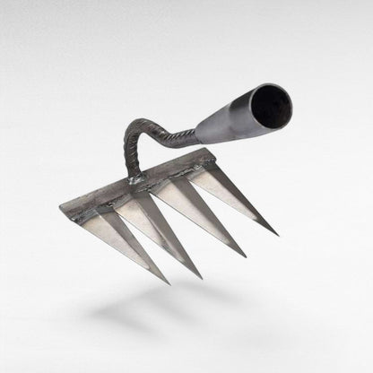 "Heavy-Duty Lawn Rake with stainless steel tines for weeding; angled V-shaped tines, durable garden maintenance tool."
