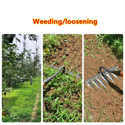 "Heavy-Duty Lawn Rake with stainless steel tines for weeding; angled V-shaped tines, durable garden maintenance tool."