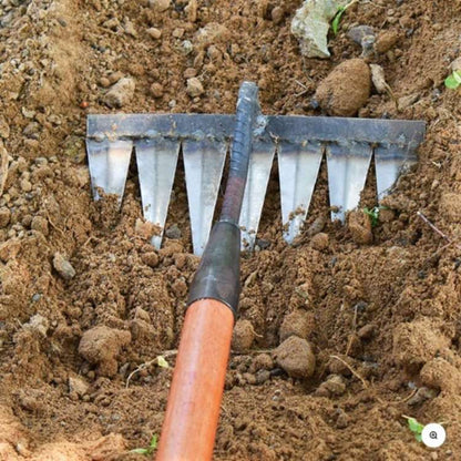 "Heavy-Duty Lawn Rake with stainless steel tines for weeding; angled V-shaped tines, durable garden maintenance tool."