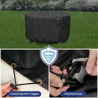 "Heavy-duty round outdoor furniture cover with air vent, waterproof 600D Oxford cloth, ideal for garden tables."