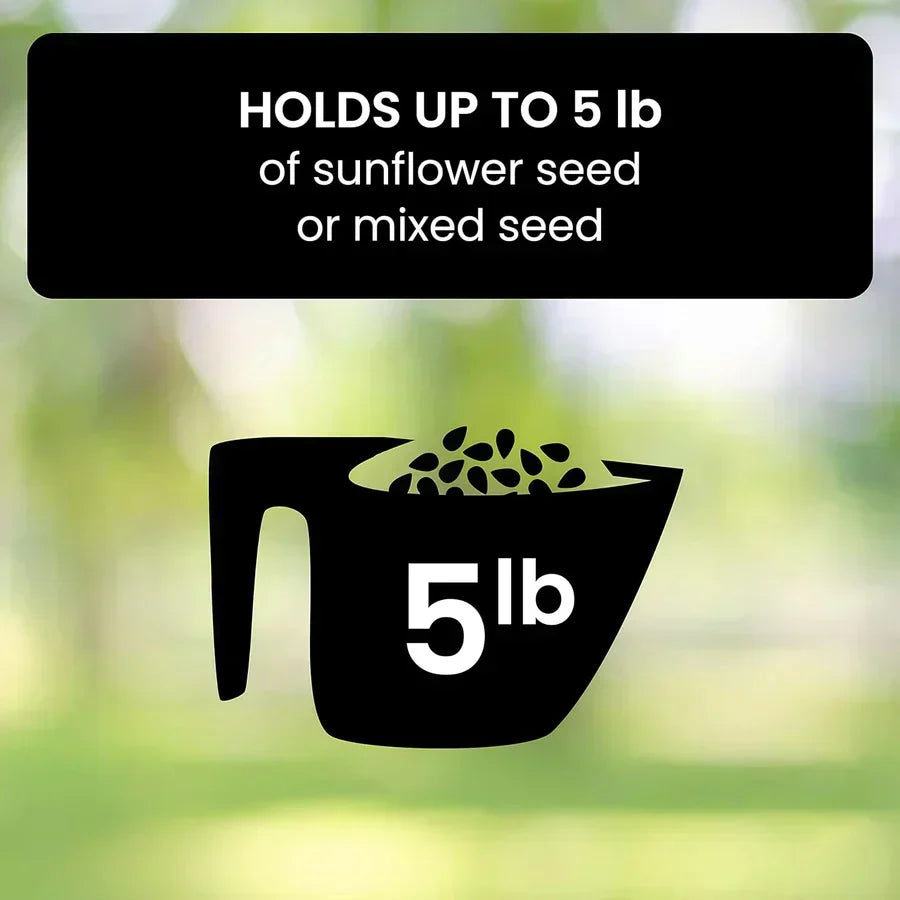 "Heavy-duty squirrel-proof bird feeder with metal weather-resistant design and rotating perch in garden setting."