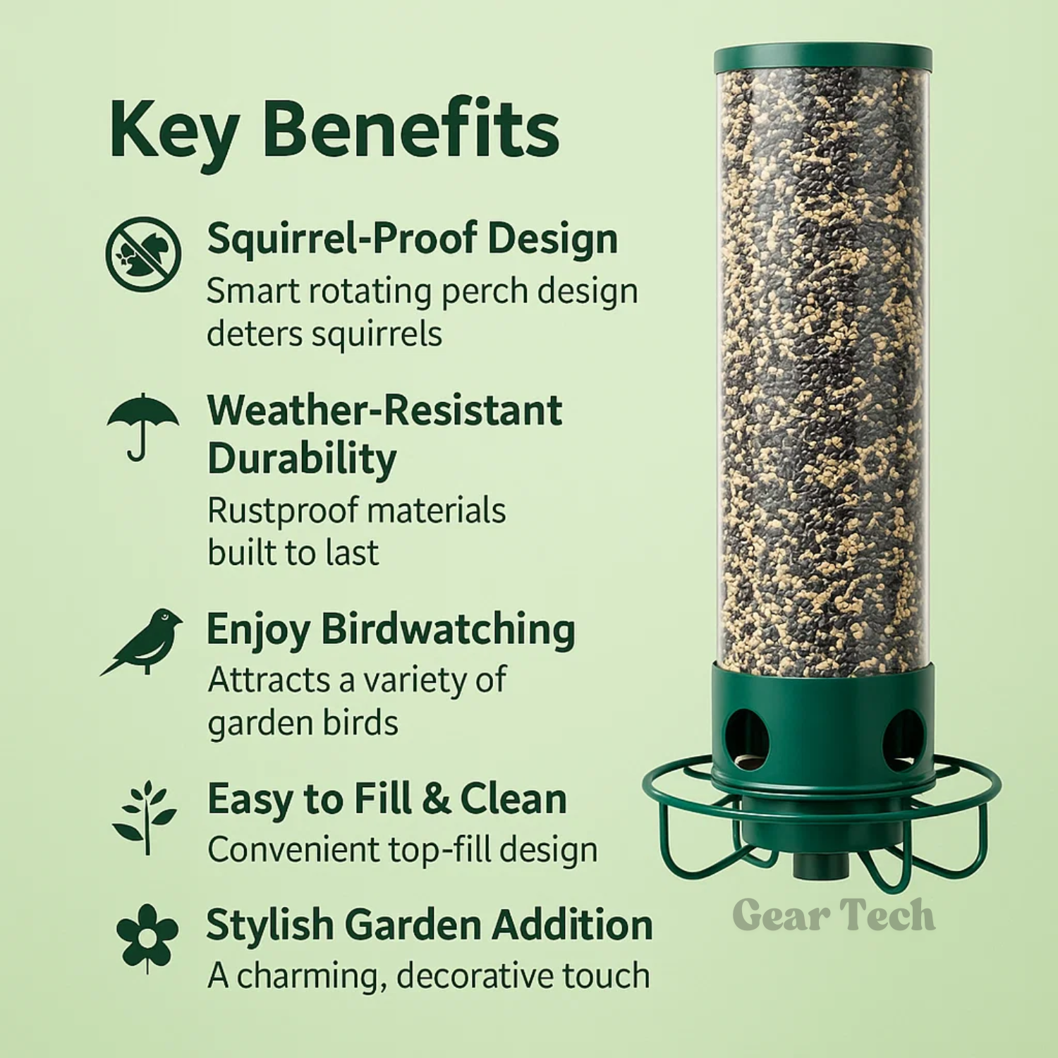 "Heavy-duty squirrel-proof bird feeder with metal weather-resistant design and rotating perch in garden setting."